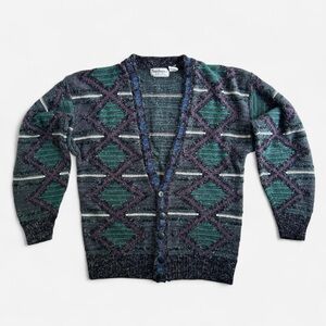 Grandpa Style Blue Purple Green Geometric Vintage open front cardigan